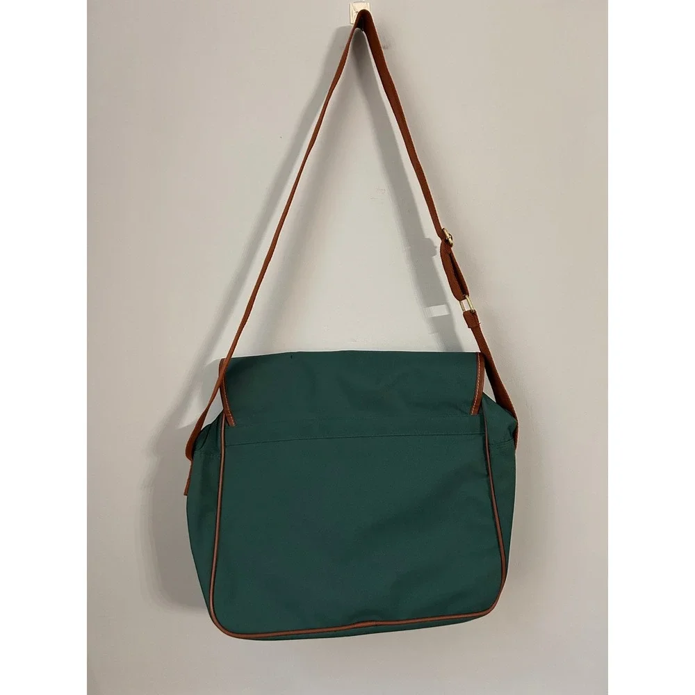 VTG Polo Ralph Lauren Messenger Bag Green Canvas Brown Trim Crossbody Laptop Bag